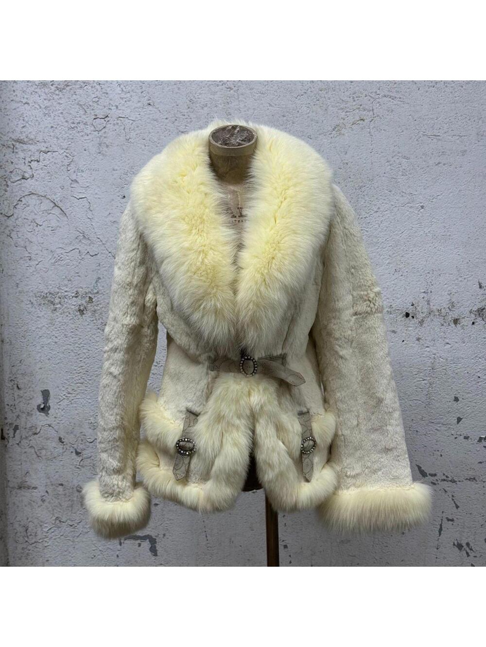 Vintage Archival Optic White Rabbit & Fox Fur Rhinestone Jacket